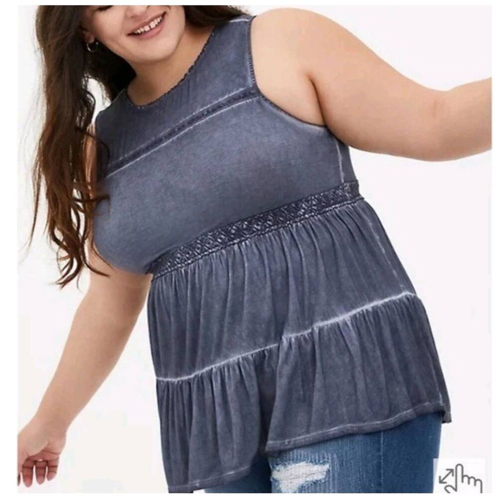 Torrid Super Soft Crochet Babydoll Tank Top Plus 0X Boho Western Farmhouse Blue